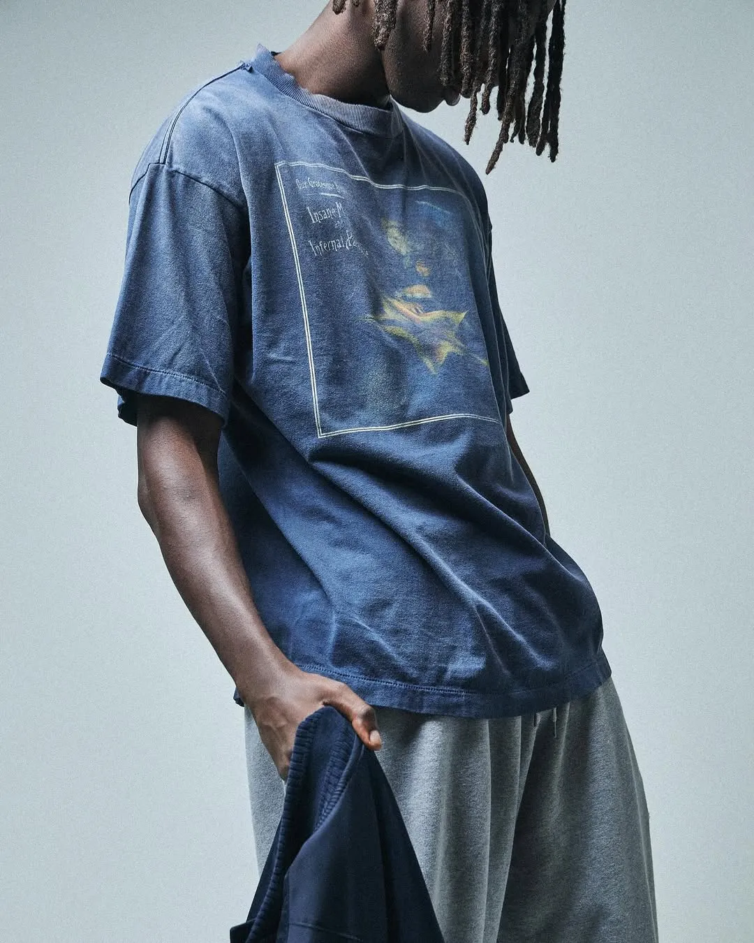 CACTUS PLANT FLEA MARKET x SAINT Mxxxxxx STAR SS TEE/NAVY New CPFM star smiley holed distressed short sleeves Washed blue S-XL Genuine consistent tube weaving without side seams High weight OE yarn fabric Assute dyeing Multiple horse fades Heavy wash water Worn holes Customized joint main mark/wash mark/little angel anti-counterfeiting label